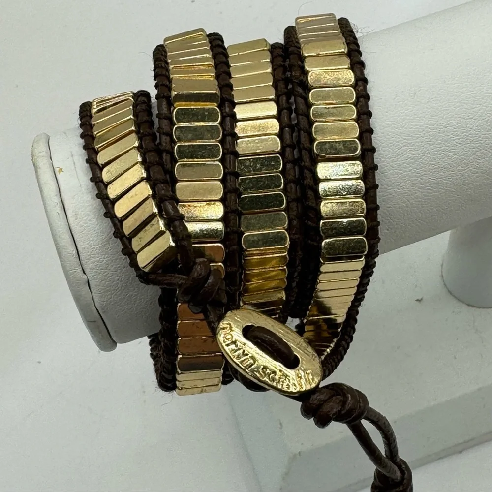 Marlyn Schiff gold tone bar bead brown leather wrap bracelet